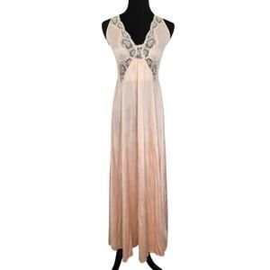 Vintage Olga 70s Full Sweep Gown Lingerie Satin Slip Dress Peach Lace Coquette